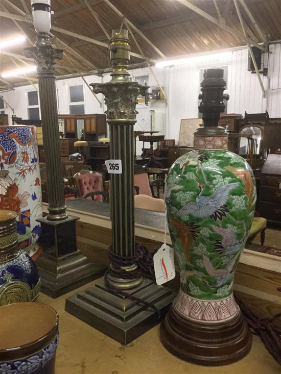 Pair of plated Corinthian column table lamps (worn, converted) & a Chinese vase table lamp
